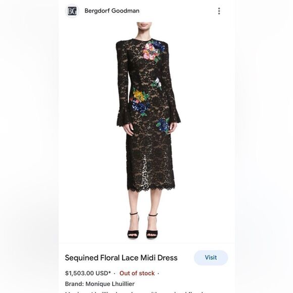 $4,500 Monique Lhuillier Sequin Floral Black Lace Dress - Picture 9 of 9